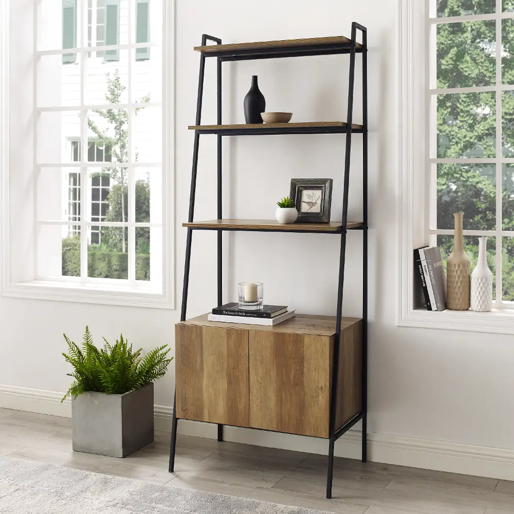BS72ARSTRO Arlo Reclaimed Barnwood 72 Inch  Modern Ladder Bookcase with Cabinet-1