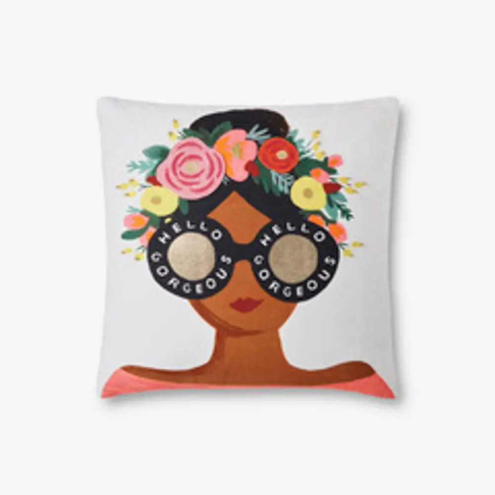 P6056-RP-WHITE/MULTI Rifle Paper Co. Sunglass Girl With Flower Throw Pillow-1