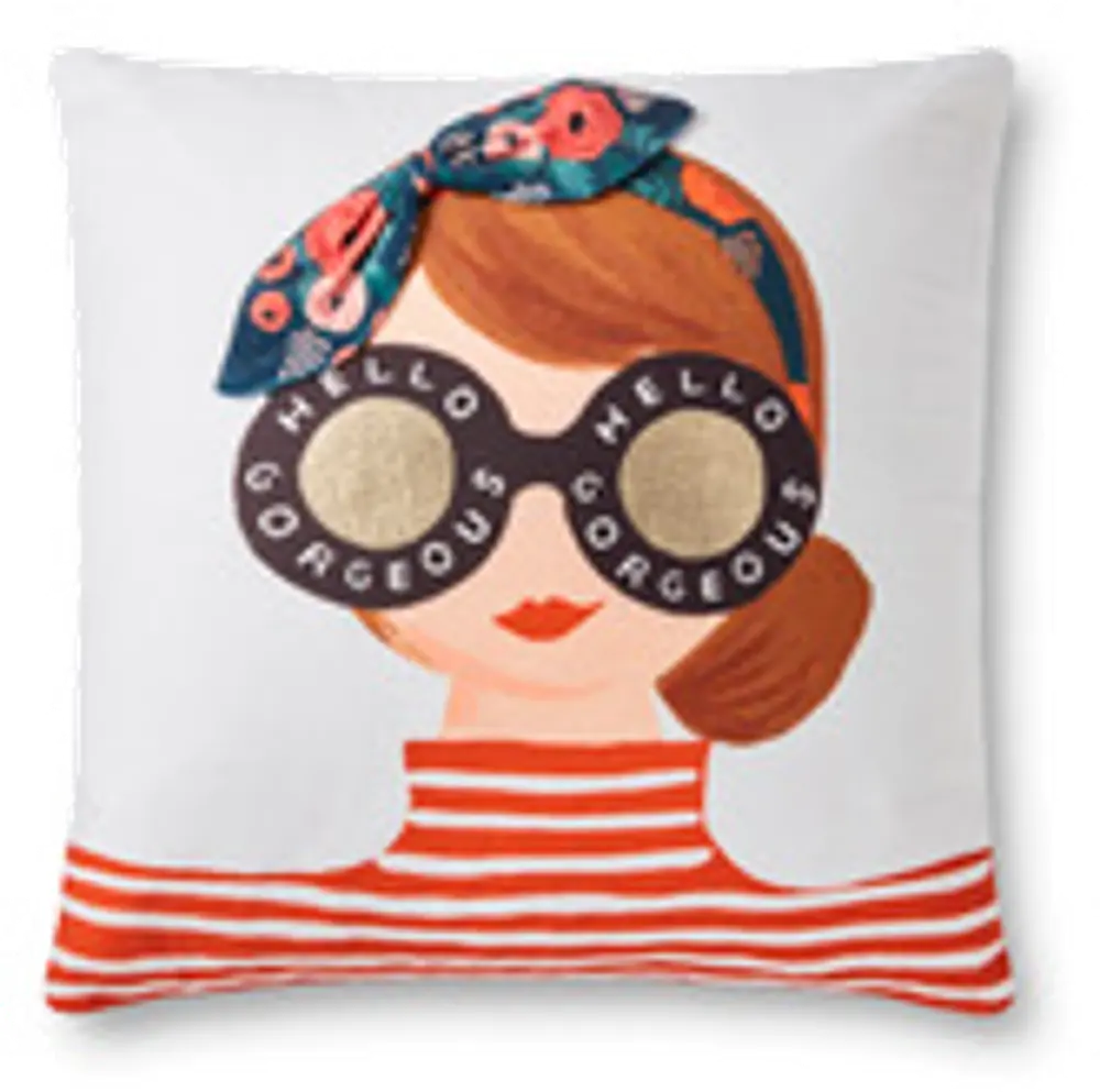 P6057-RP-WHITE/MULTI Rifle Paper Co. Sunglass Girl With Scarf Throw Pillow-1