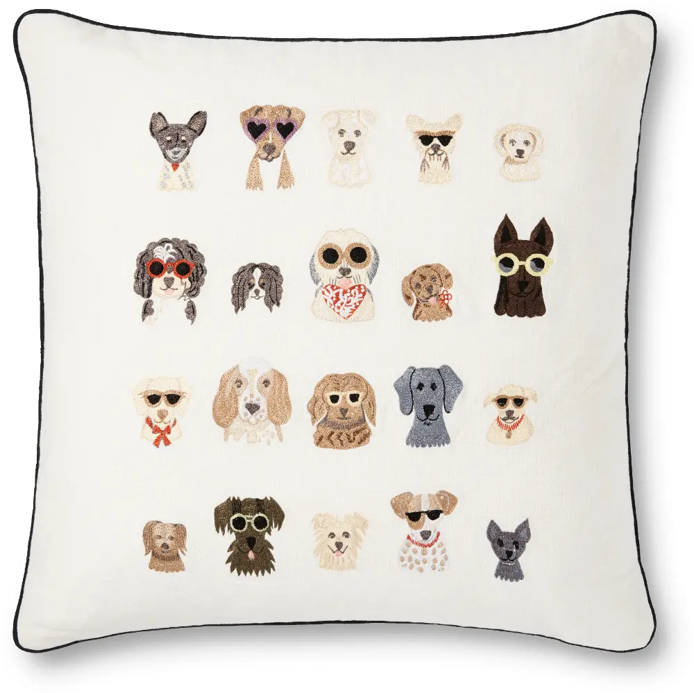 P6063-RP-CREAM/MULTI Rifle Paper Co. 22 Inch Cream Throw Pillow with Multi-Colored Dogs-1