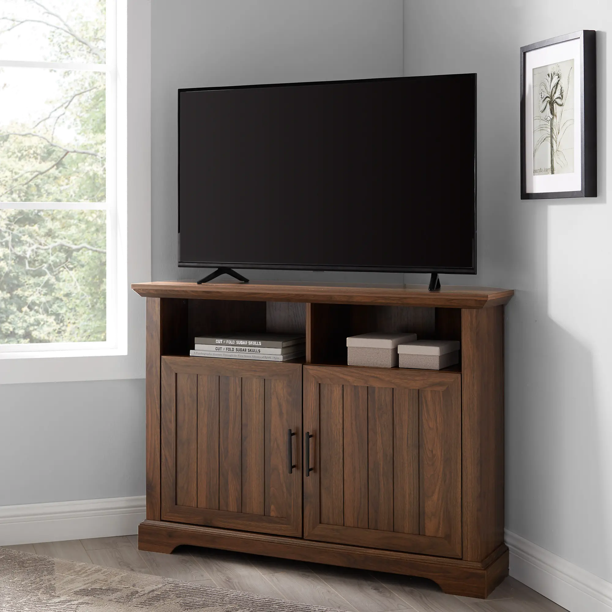 W44CMCR2DDW Carin Dark Walnut 44 Inch Corner TV Stand - Walker sku W44CMCR2DDW