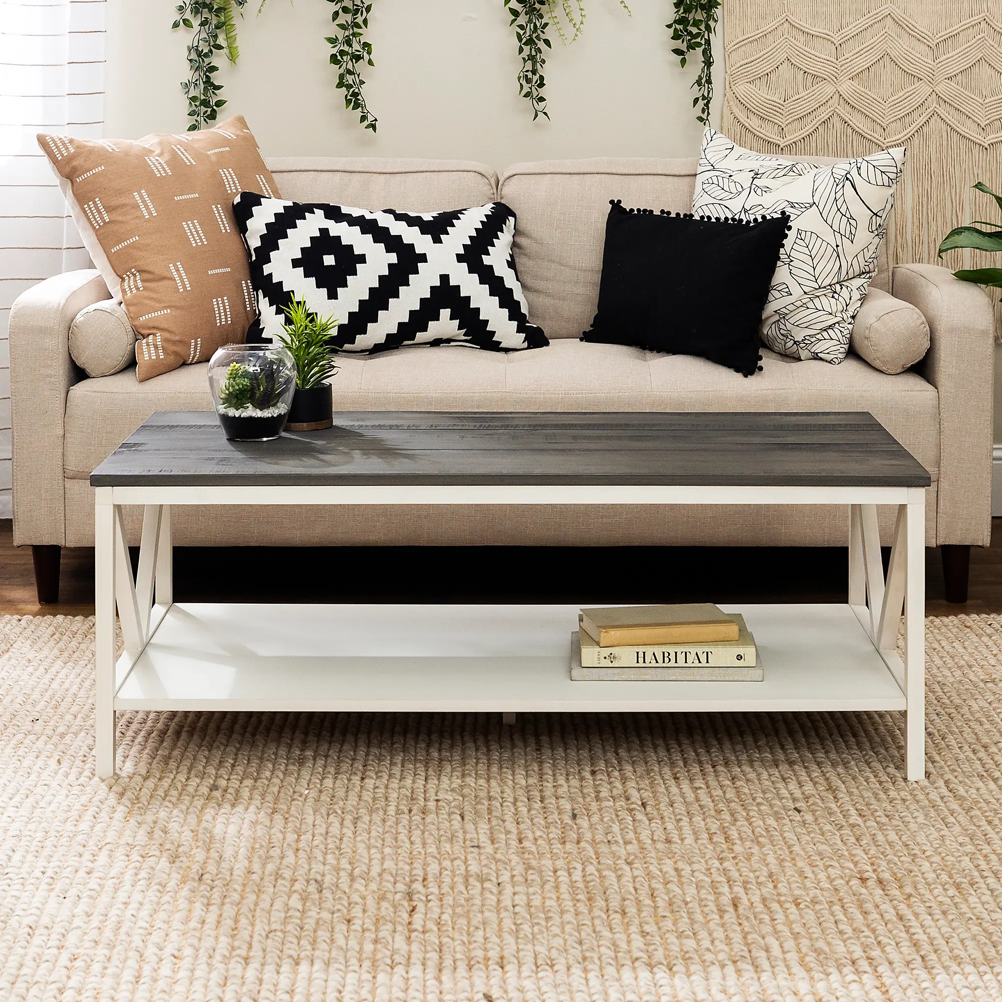 Photos - Coffee Table Walker Edison Natalee White Wash and Gray Distressed Farmhouse Coffee Tabl 