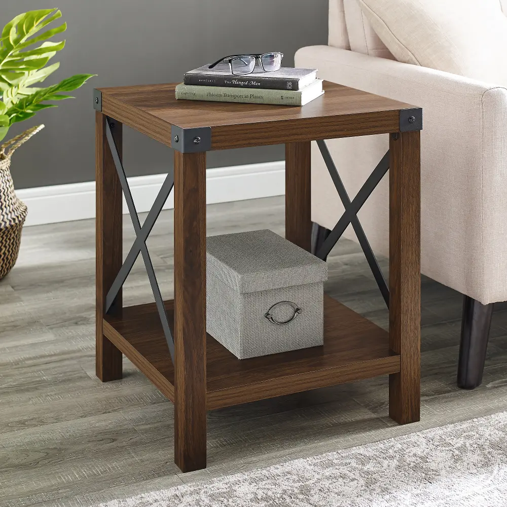 AF18MXSTDW Metal X Dark Walnut Wood Side Table - Walker Edison-1