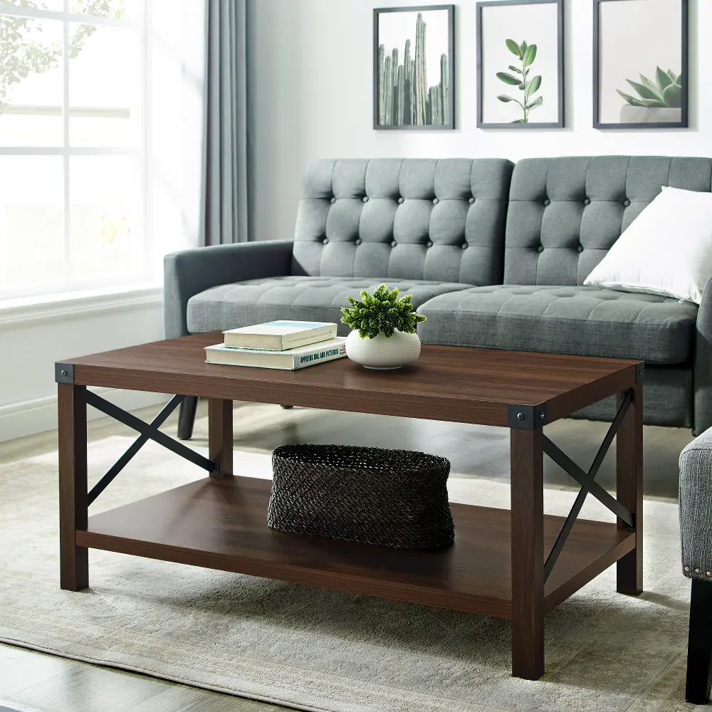 AF40MXCTDW Metal X Rustic Dark Walnut Wood Coffee Table - Walker Edison-1