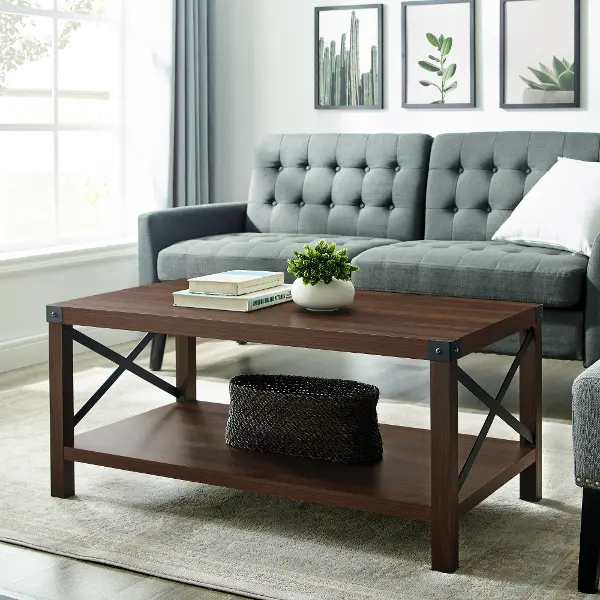 Metal X Rustic Dark Walnut Wood Coffee Table Rc Willey Metal X Rustic Dark Walnut Wood Coffee, Wood And Glass Coffee Table Dark Walnut
