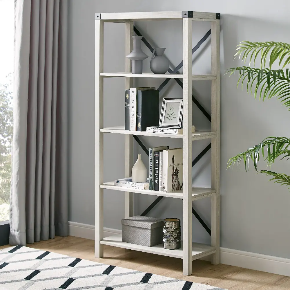 BS64MXST Metal X Stone Gray 64  Farmhouse Bookcase - Walker Edison-1