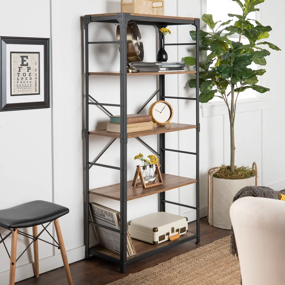 BS64AIRO Industrial 64 Inch Wood Bookcase with 4 Shelves - Rustic Oak-1