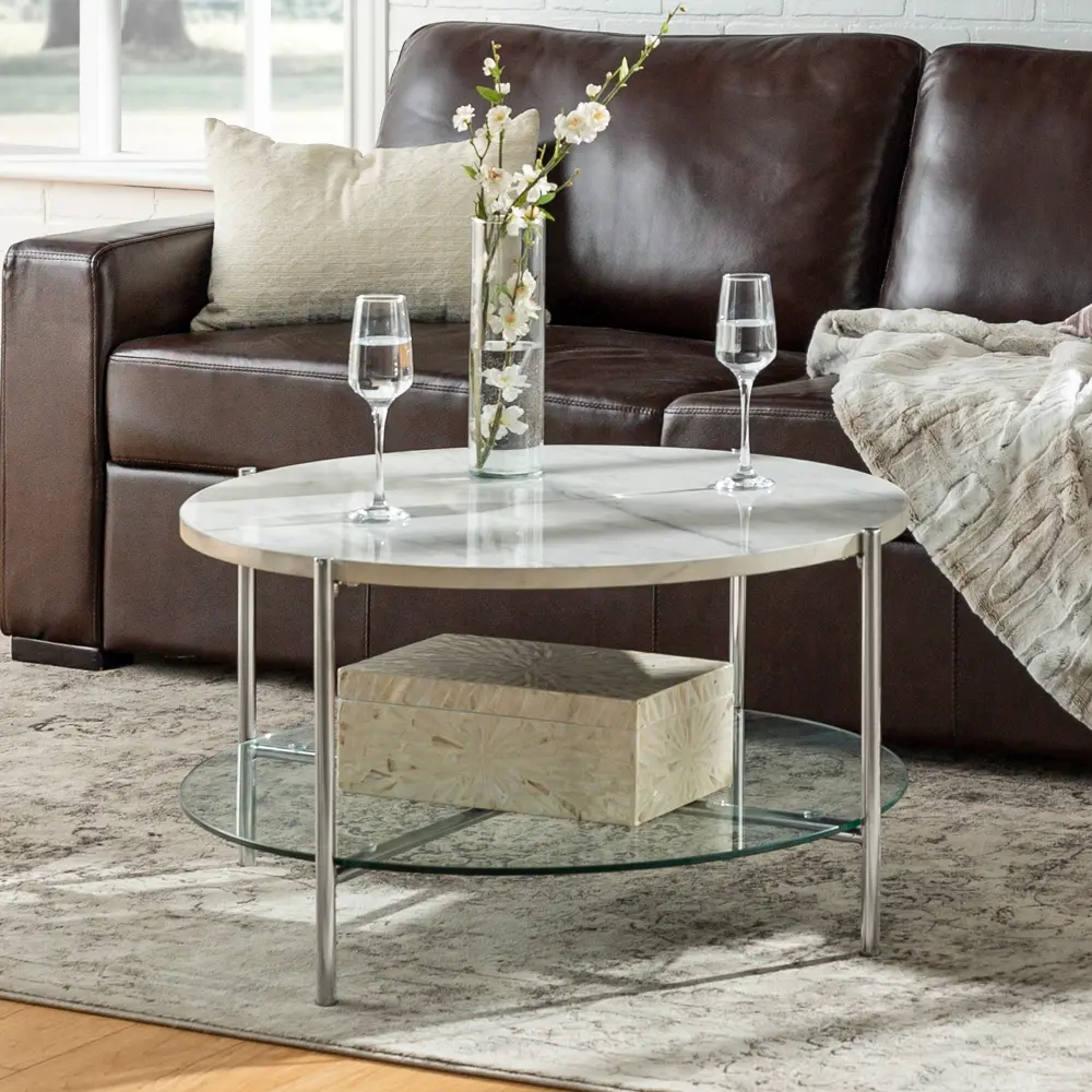 AF32SRDCTWMCR Faux White Marble Modern Round Coffee Table - Simone-1