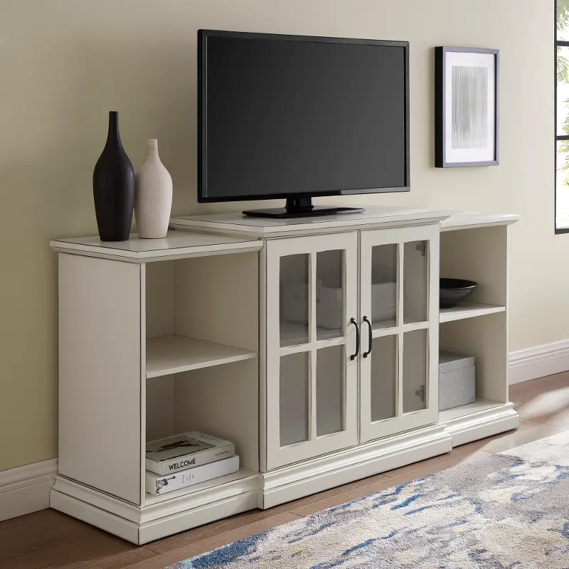 60 Inch Classic 2 Door Tiered Tv Stand, Antique White Tv Console Table