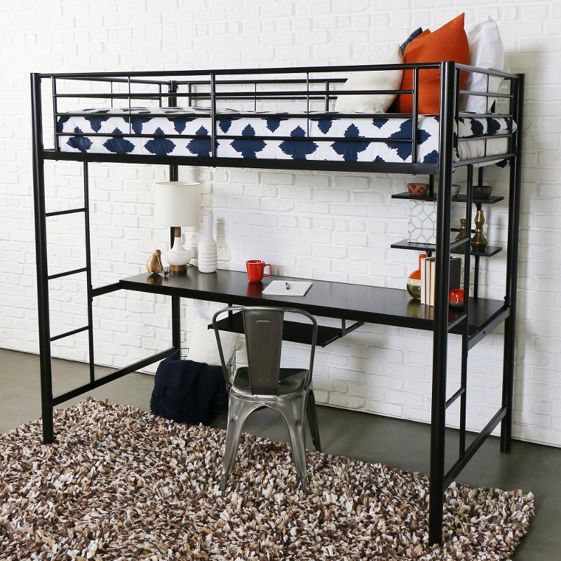 Contemporary Black Twin Loft Bed With, Walker Edison Twin Metal Loft Bed With Desk And Shelving Black