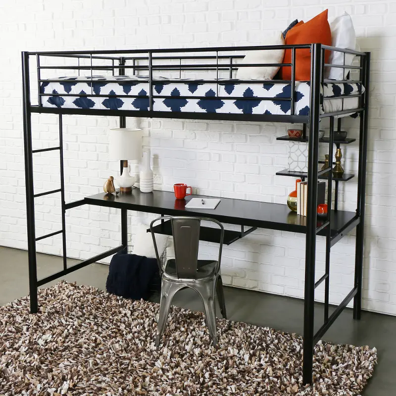 Contemporary Black Twin Loft Bed With, Black Twin Loft Bed With Desk