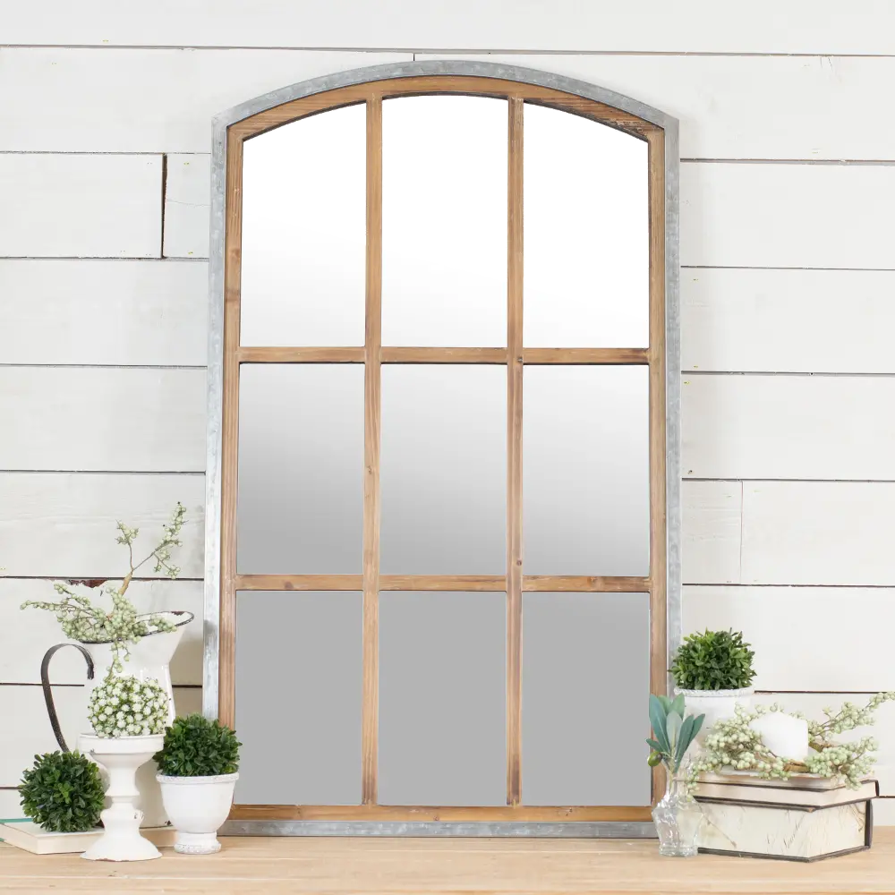 Wood and Metal Window Pane Mirror with Arched Top-1