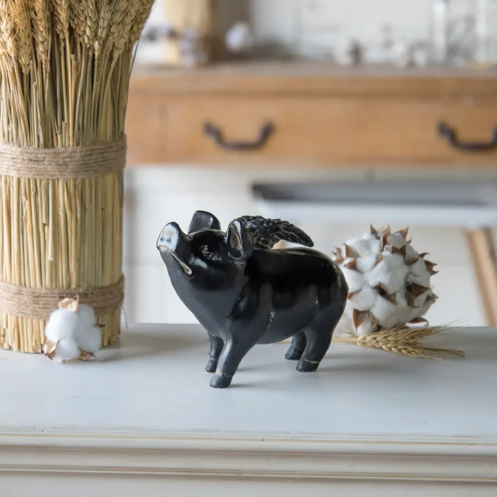 Distressed Black Resin Pig with Wings-1