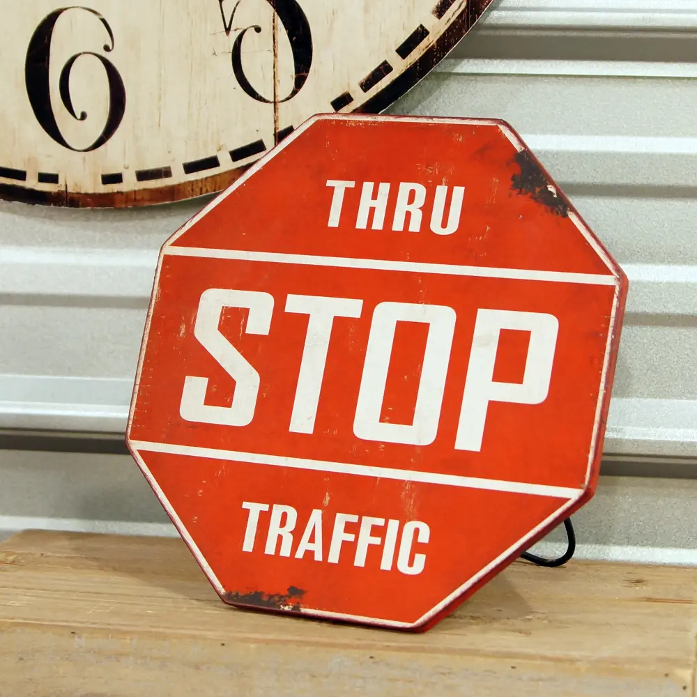 Red and White Metal Standing Stop Sign-1
