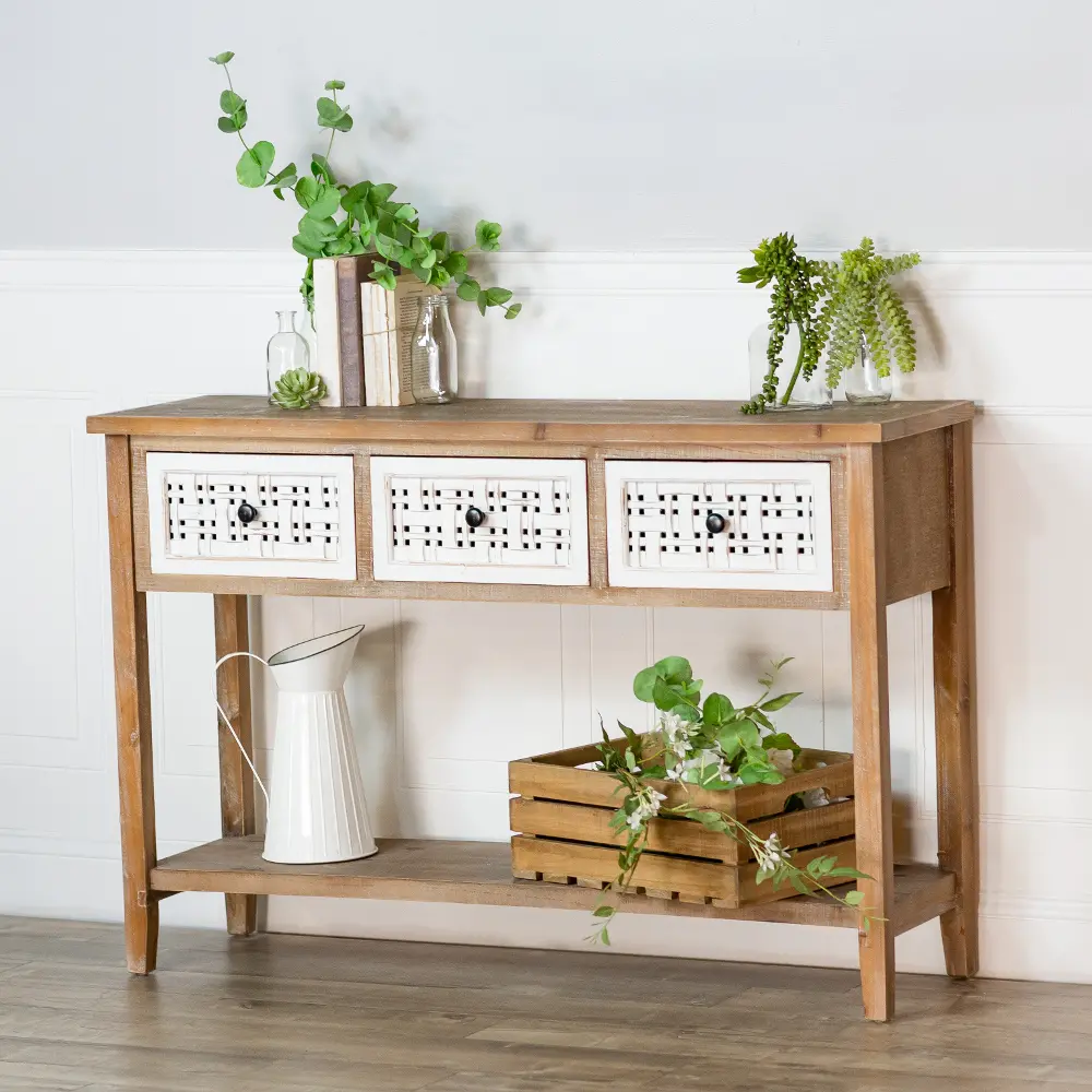 Wooden Storage Sofa Table with Basket Weave Detailing-1