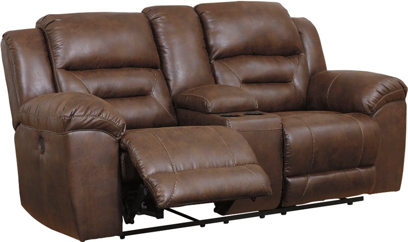 Chocolate Brown Casual Reclining Love Seat With Center Console Stoneland Rc Willey - Loveseat Recliner Cover With Center Console