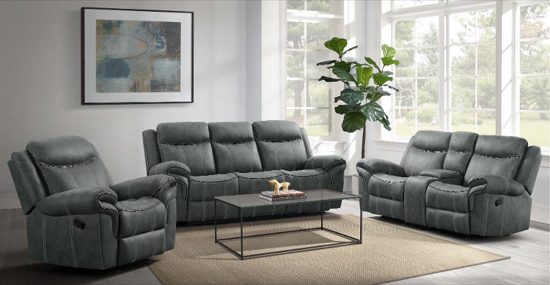Charcoal Gray Reclining Sofa With Drop, Gray Leather Sofa Recliner Set