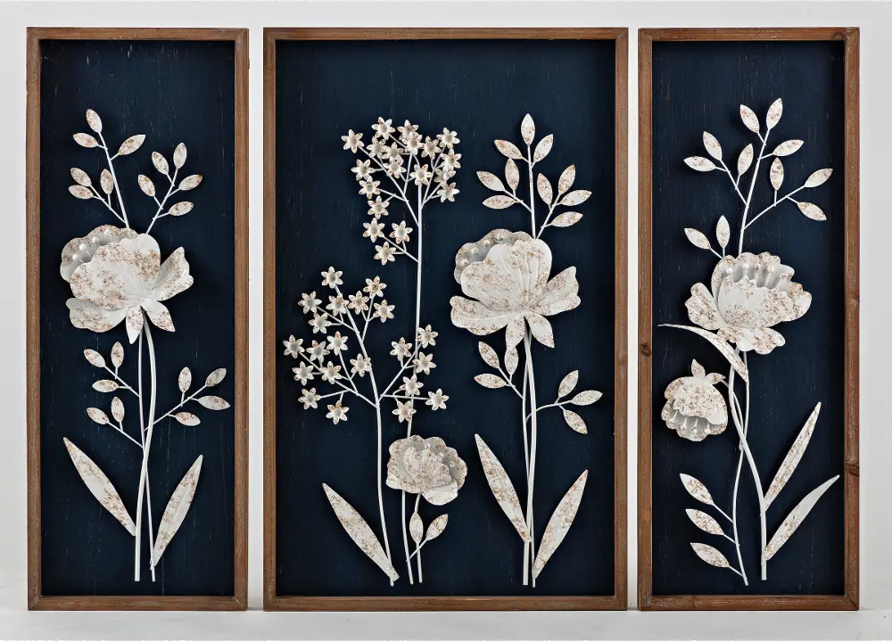 3 Piece Rustic Metal Blossoms Wall Decor in Wooden Frame-1
