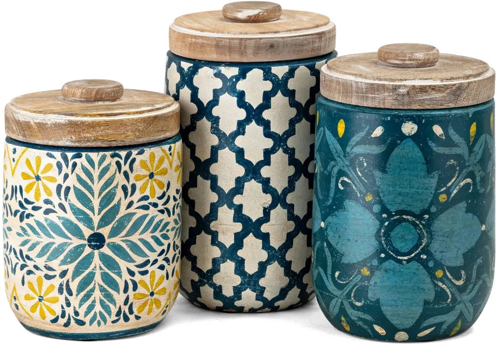 7 Inch Aqua, Yellow and White Hand Painted Canister with Lid-1