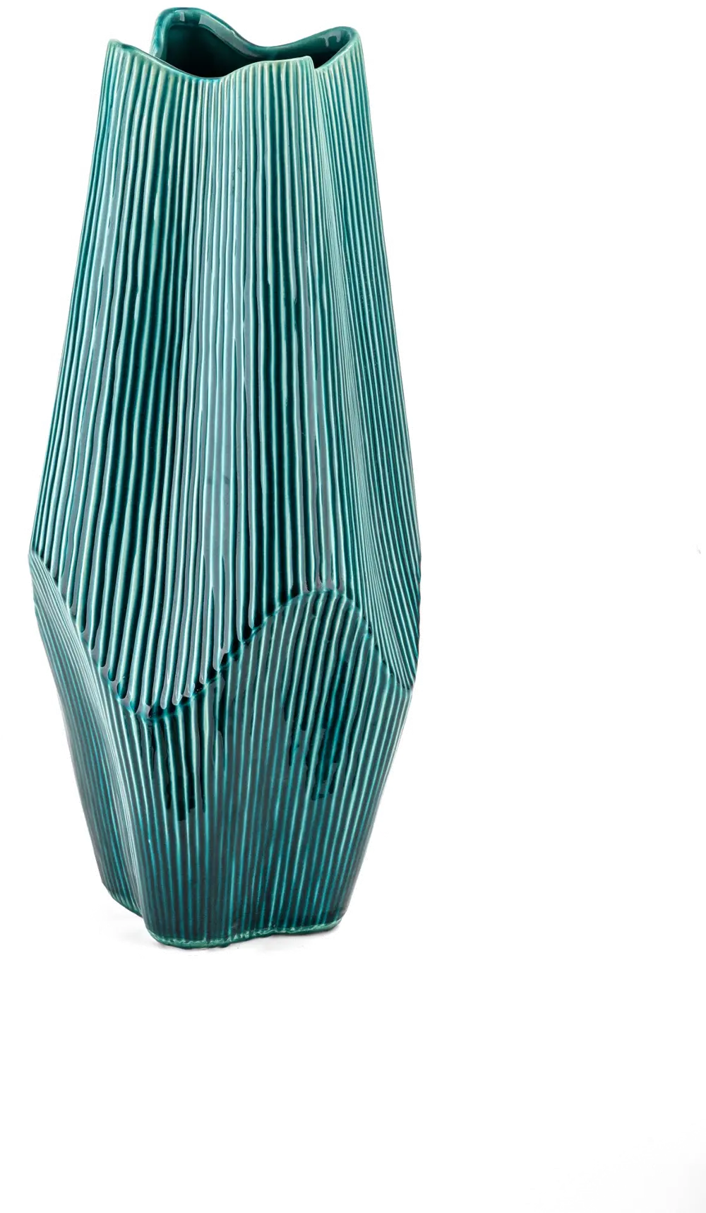 18 Inch Teal Ceramic Vase with Vertical Ribbed Detailing-1