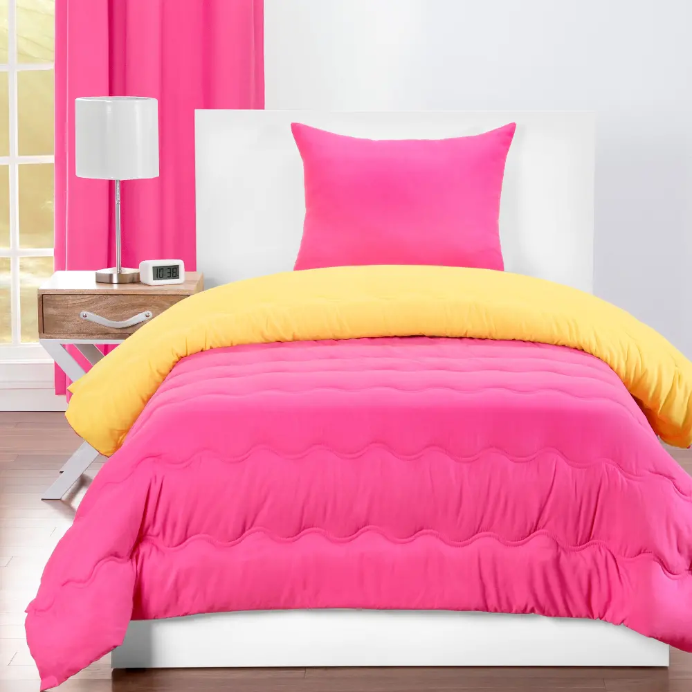 Hot Magenta Pink and Lemon Yellow Twin 3 Piece Bedding Collection-1