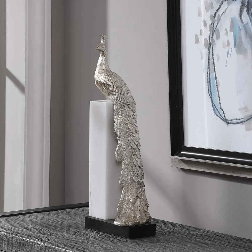 Silver Peacock Overseer Sculpture with White and Black Marble-1