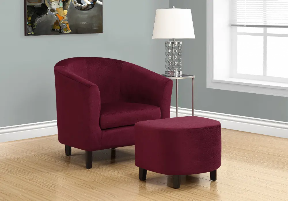 Contemporary Dark Red Floral 2 Piece Accent Chair and Ottoman-1