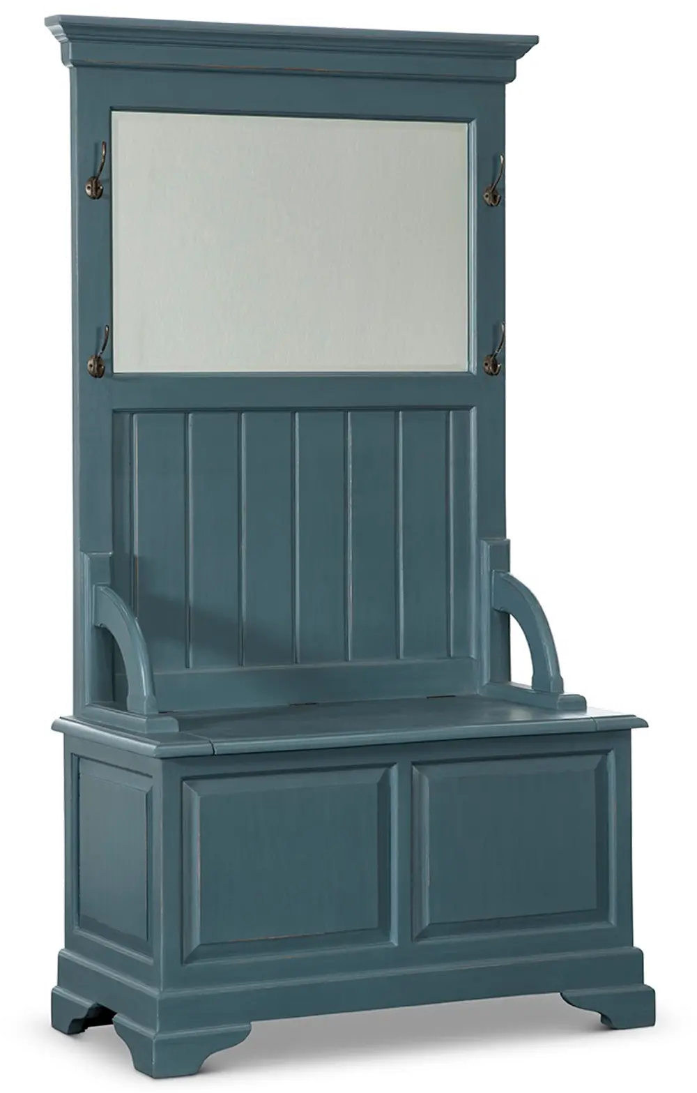 Distressed Blue Hall Tree Stand with Lift Up Storage Bench-1