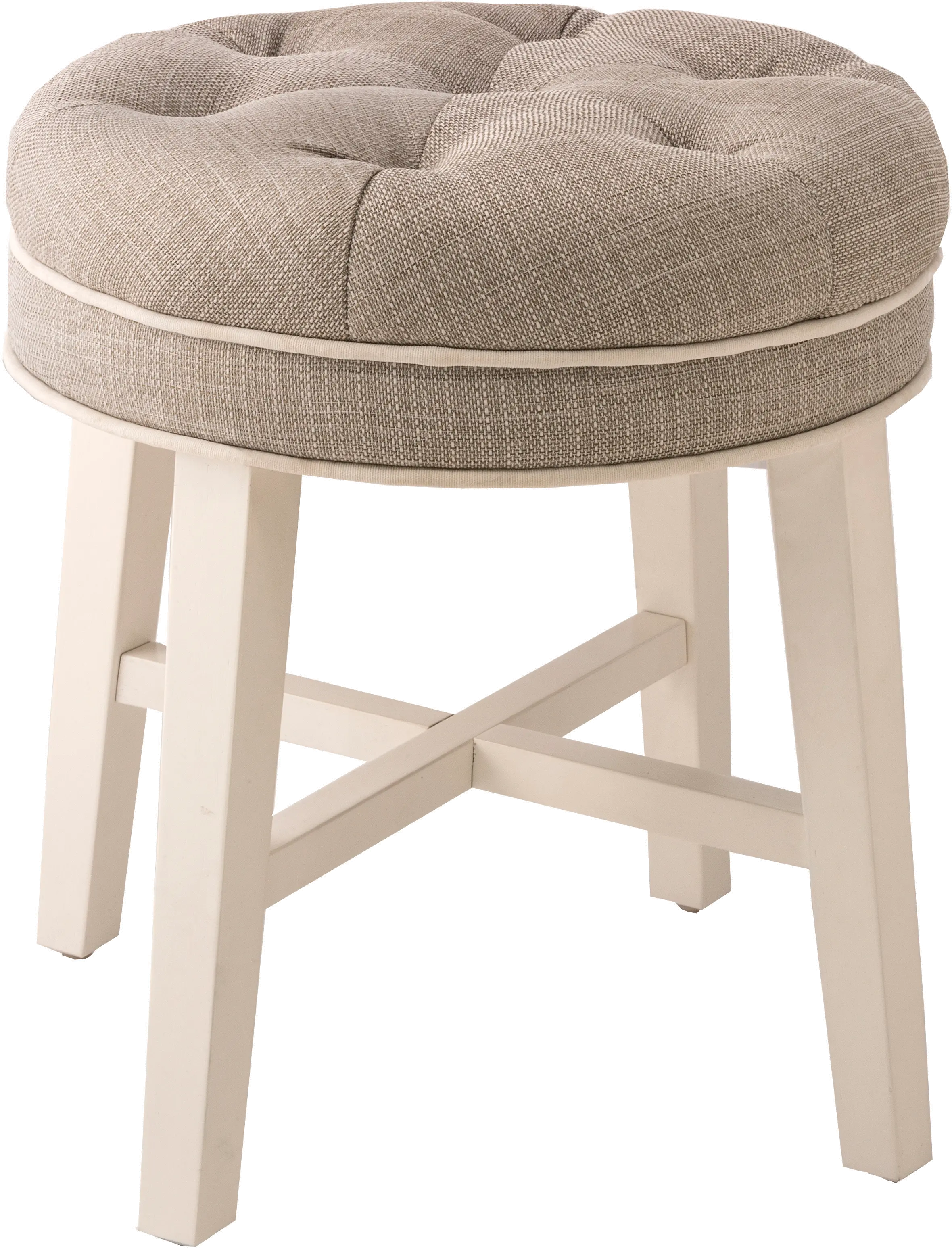 Cottage White Vanity Stool with Gray Linen Fabric - Sophia