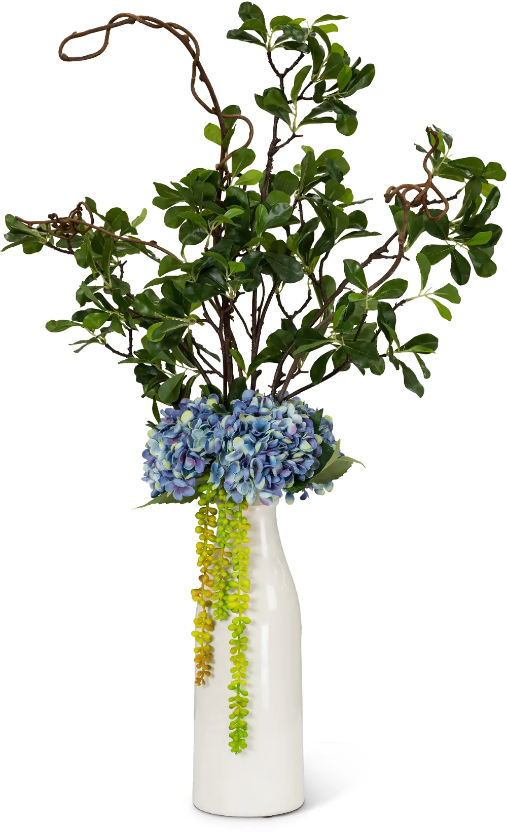 38 Inch Green and Blue Faux Arrangement in White Milk Jug-1