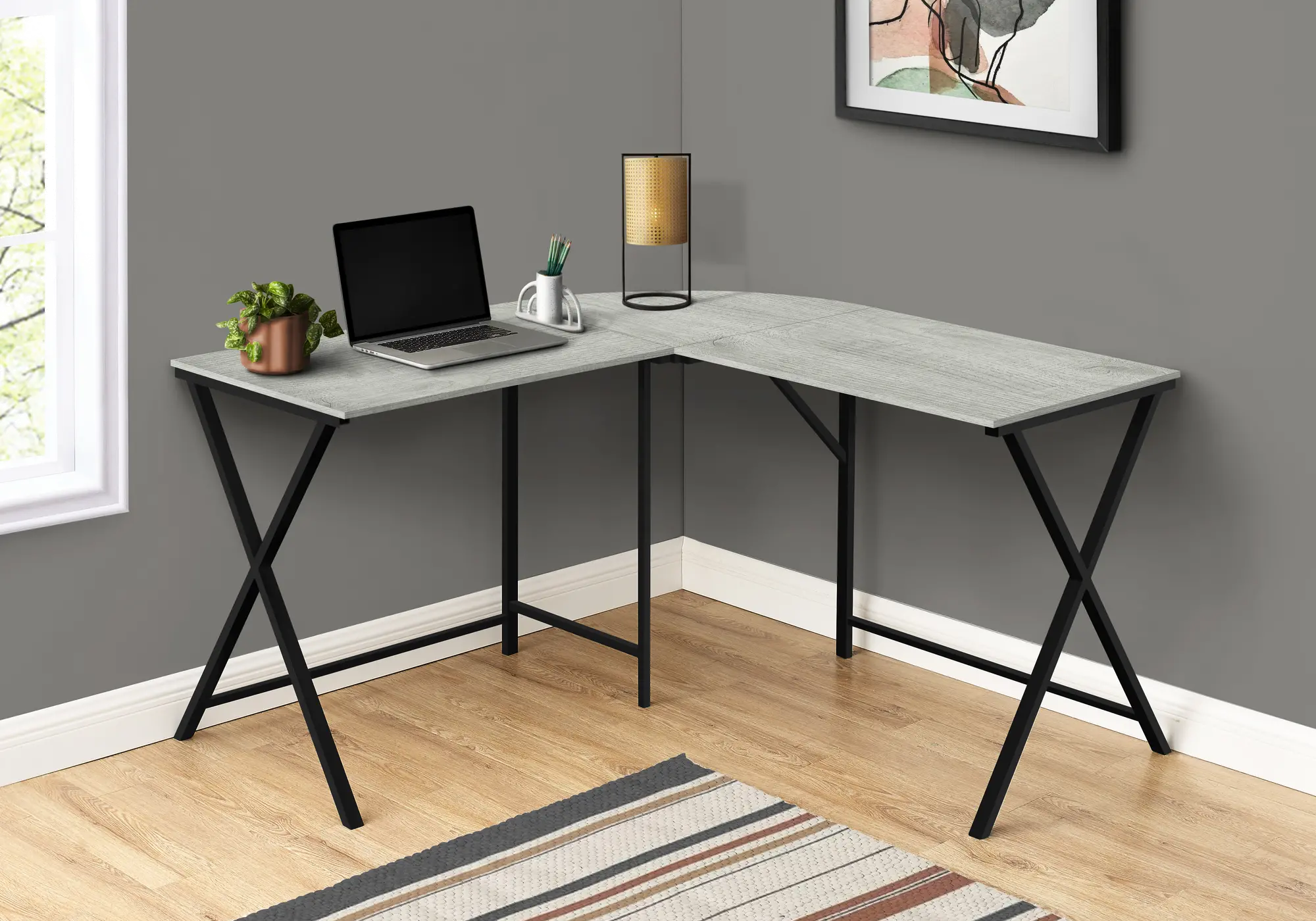 Contemporary Gray and Black L-Shaped Computer Desk