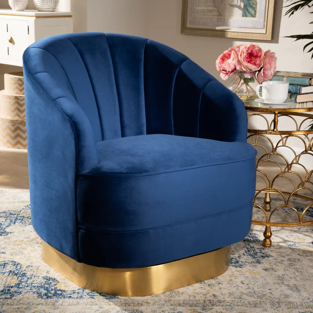 161-10397-RCW Glam Royal Blue Velvet Upholstered Swivel Chair with Brushed Gold-1