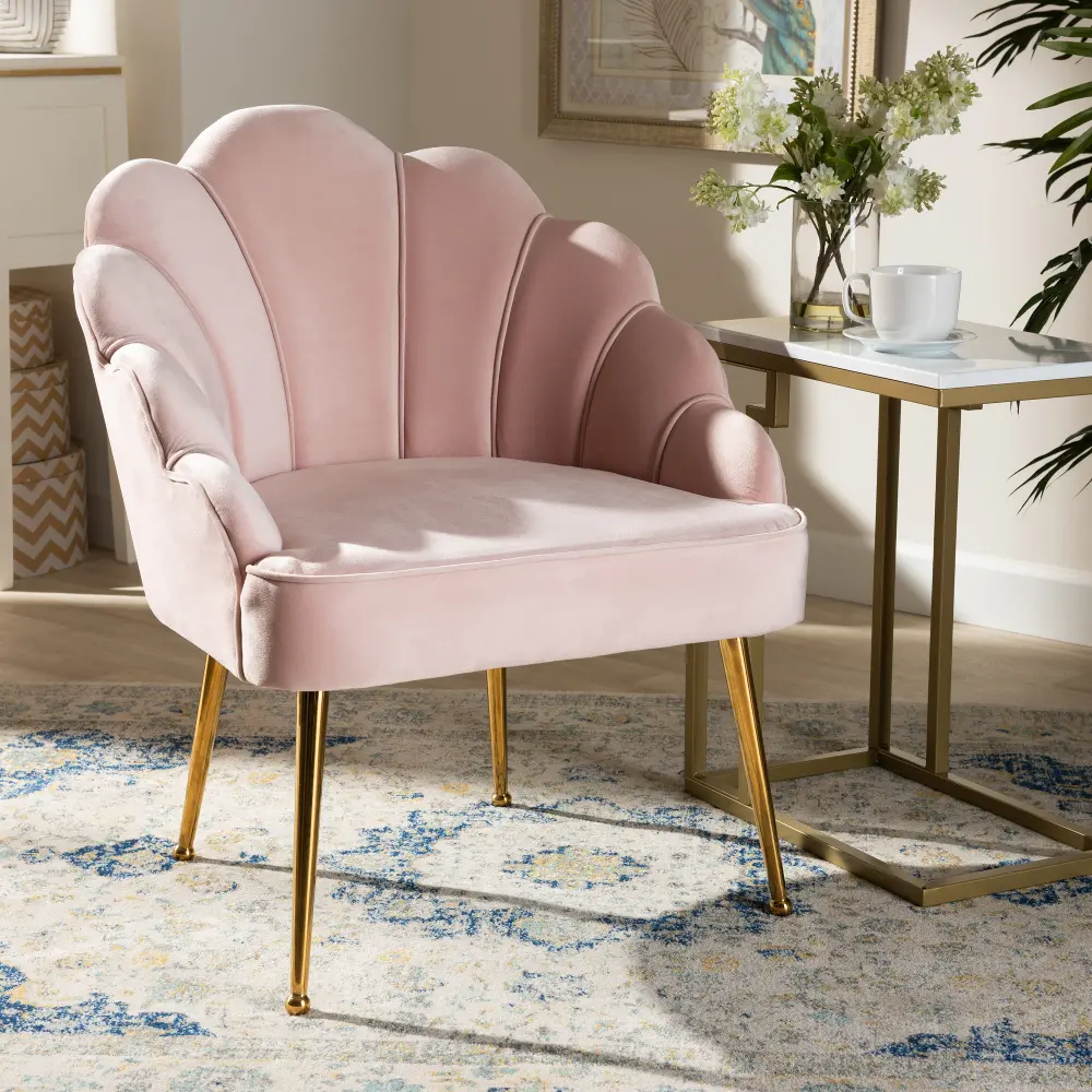 161-10400-RCW Light Pink Upholstered Accent Chair with Seashell Shaped Back-1
