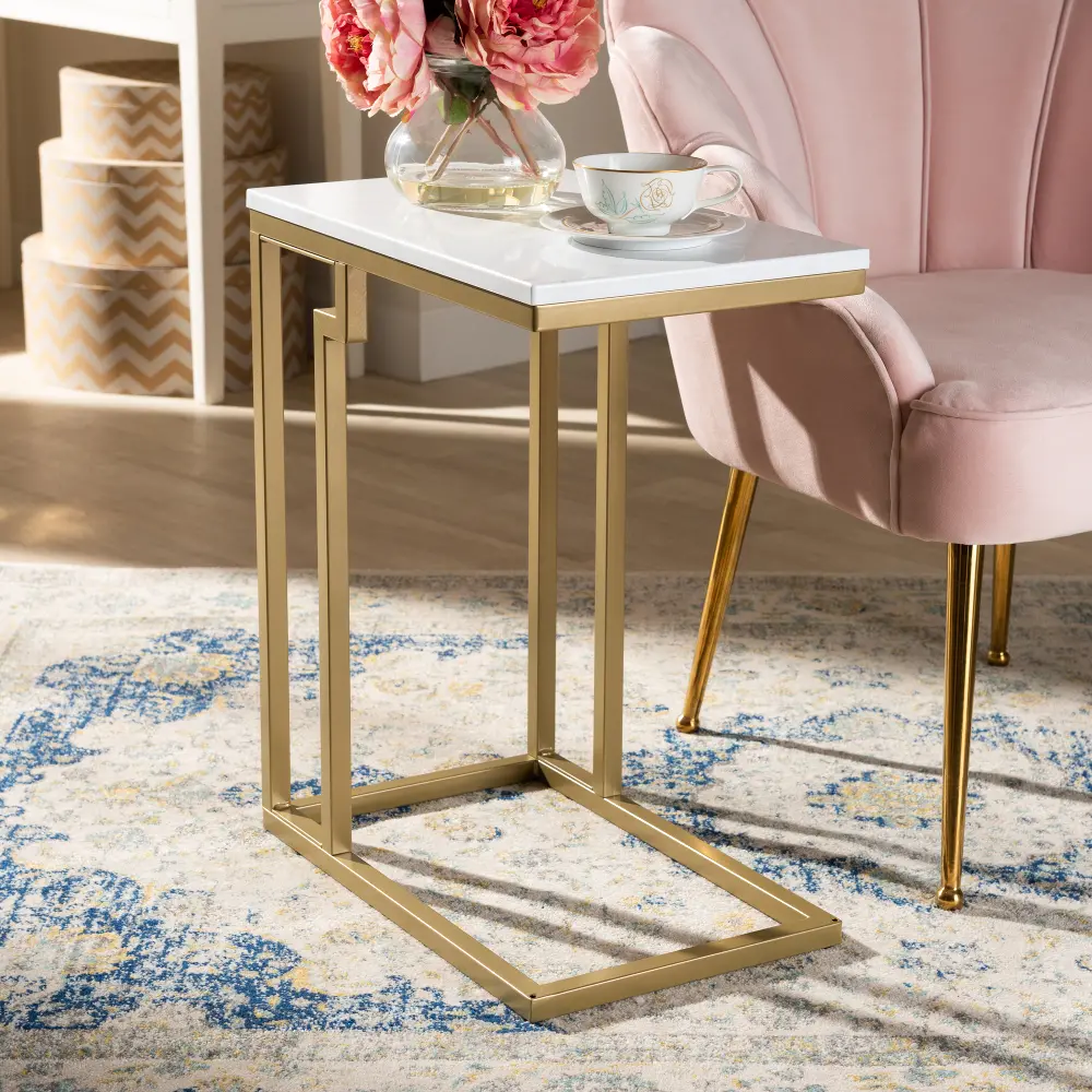 161-10485-RCW Brushed Gold Finished Metal End Table with Faux Marble Tabletop -  Sawyer-1