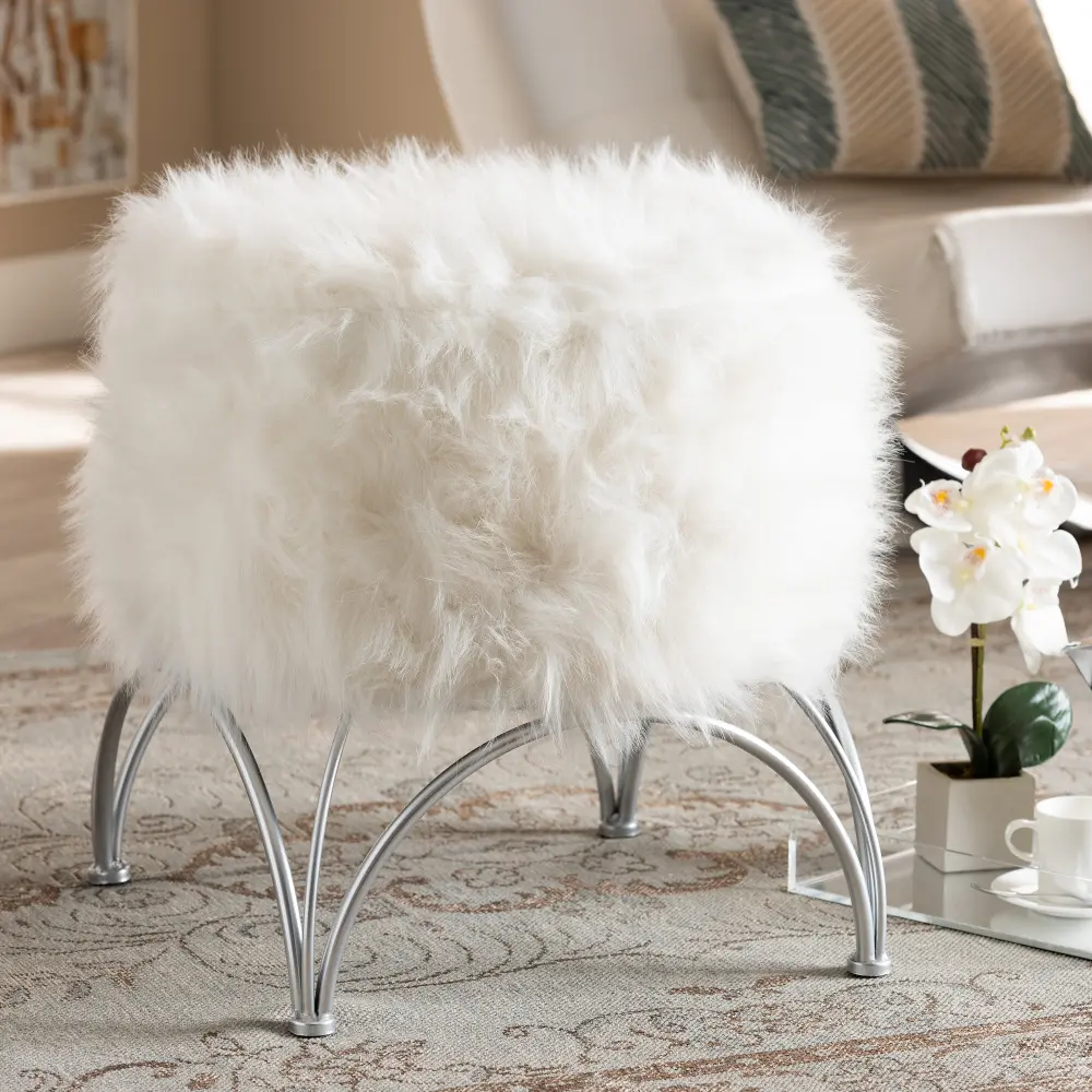 161-10270-RCW Modern White Faux Fur Upholstered Silver Metal Ottoman - Edith-1