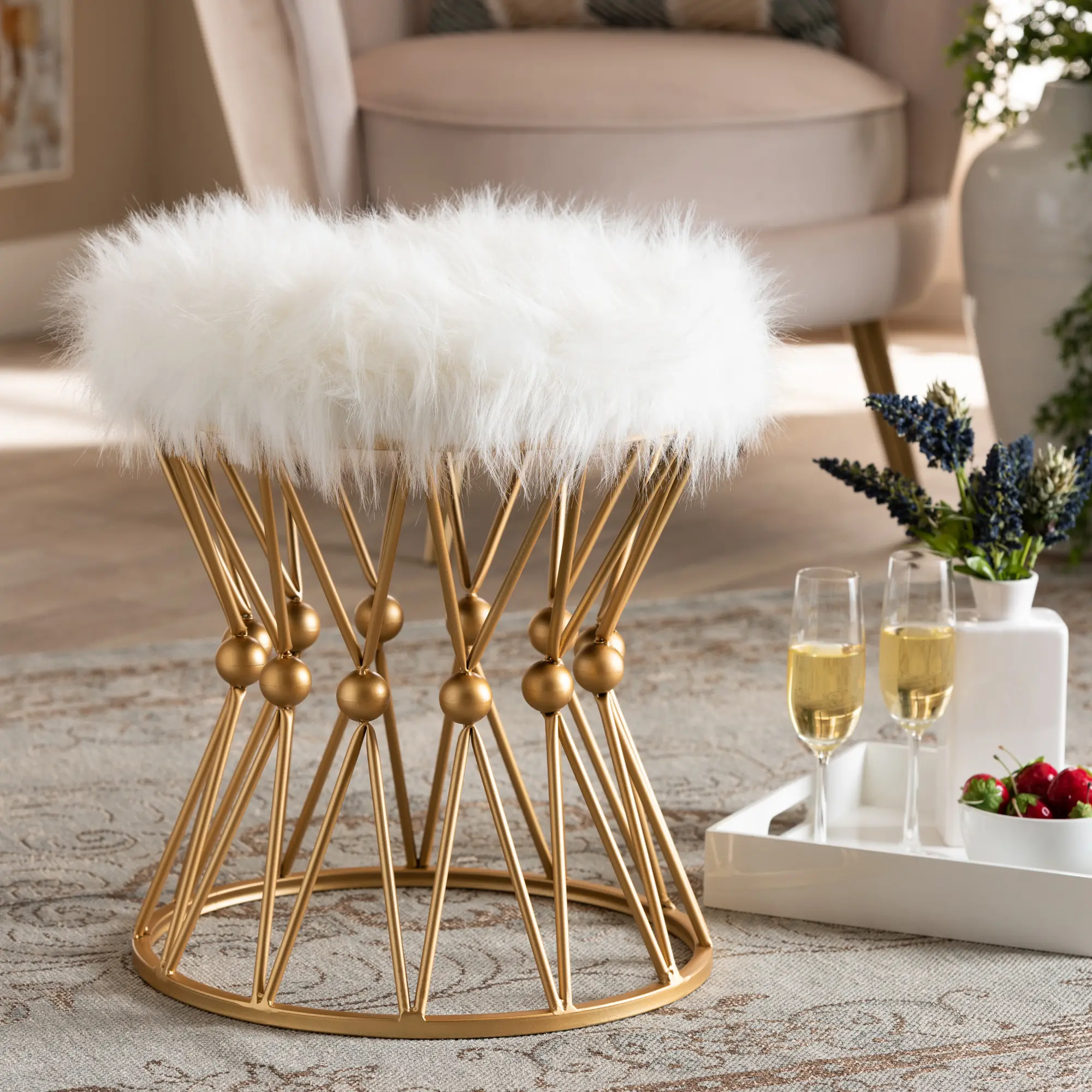 Glam White Faux Fur Upholstered Ottoman with Gold Metal Base