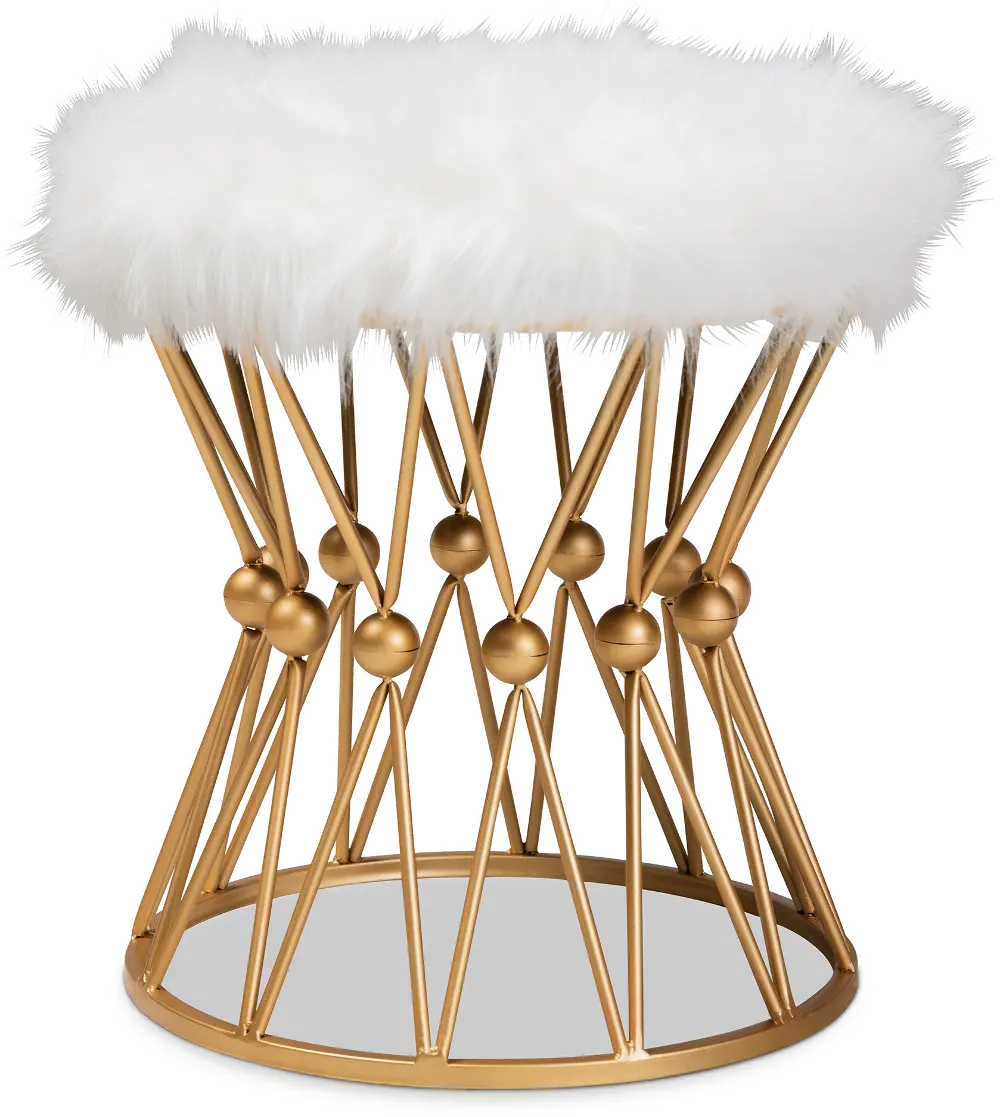 161-10274-RCW Glam White Faux Fur Upholstered Ottoman with Gold Metal Base-1