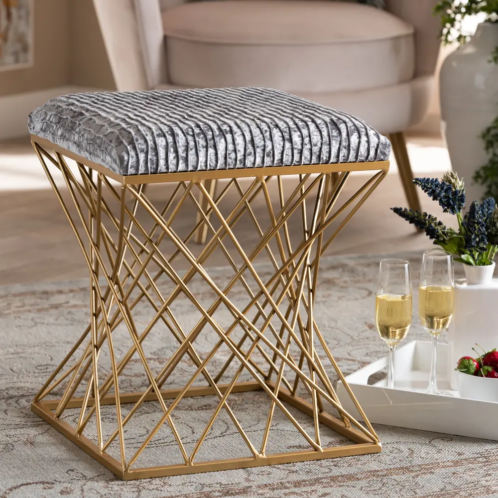 161-10275-RCW Gray Crushed Velvet Ottoman with Gold Finished Base - Darla-1