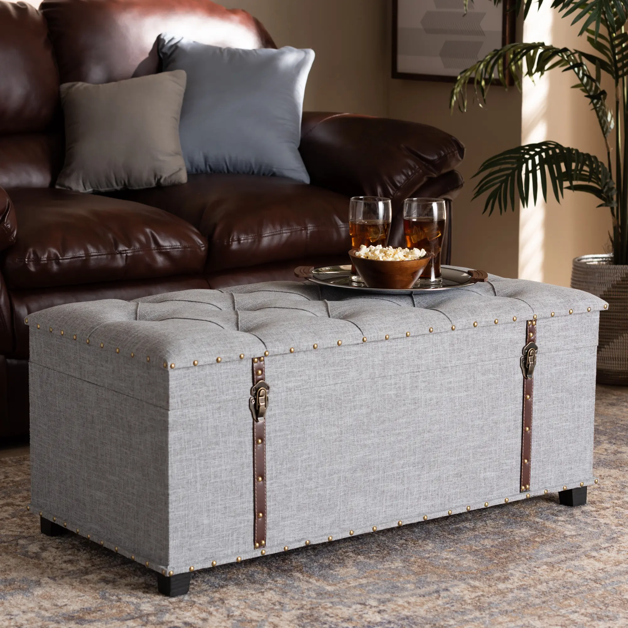 Modern Gray Upholstered Storage Trunk Ottoman - Clematis