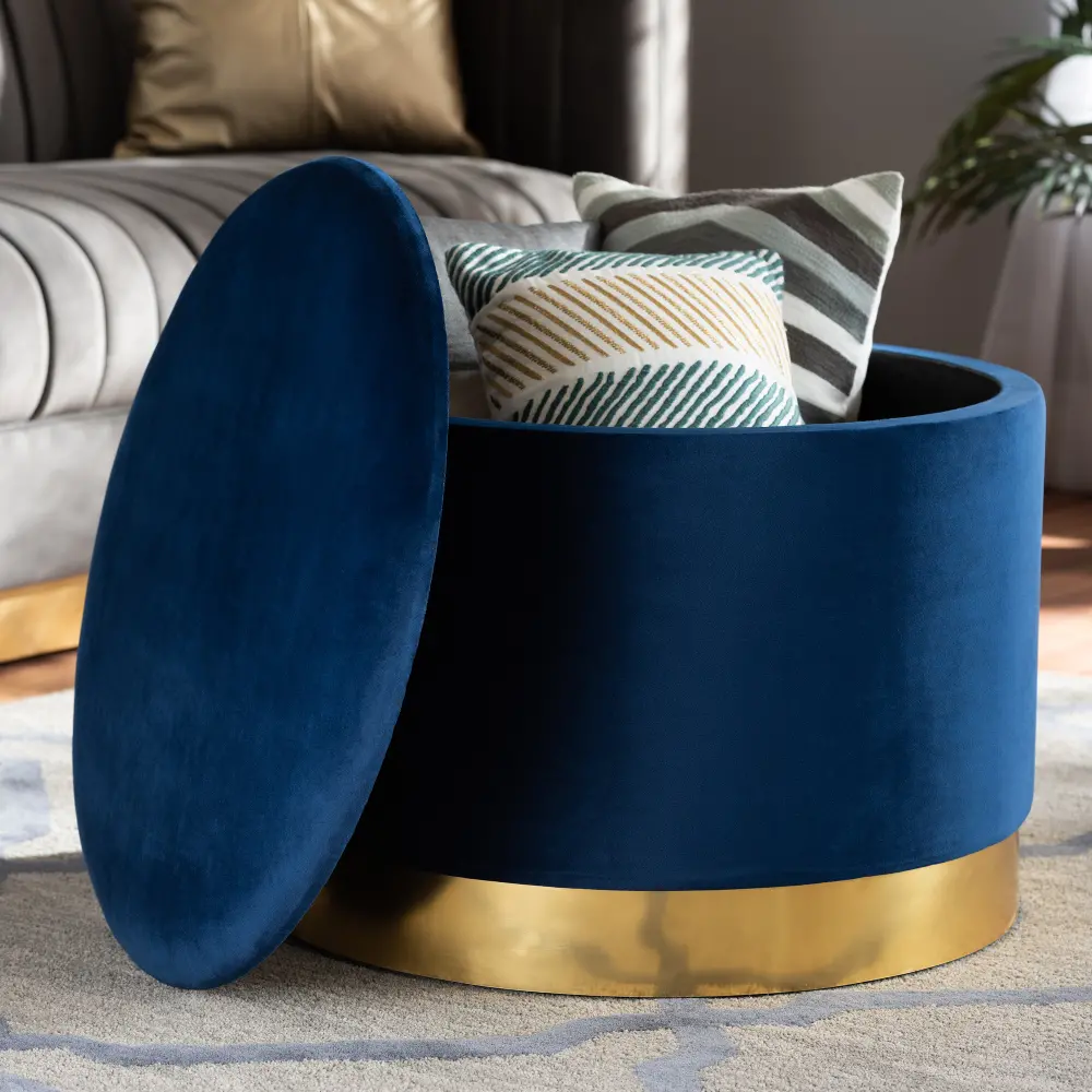 161-10279-RCW Glam Navy Blue Velvet Upholstered Storage Ottoman with Gold-1