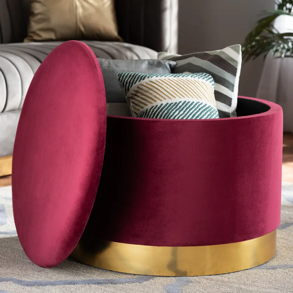 161-10278-RCW Glam Red Velvet Upholstered Storage Ottoman with Gold-1