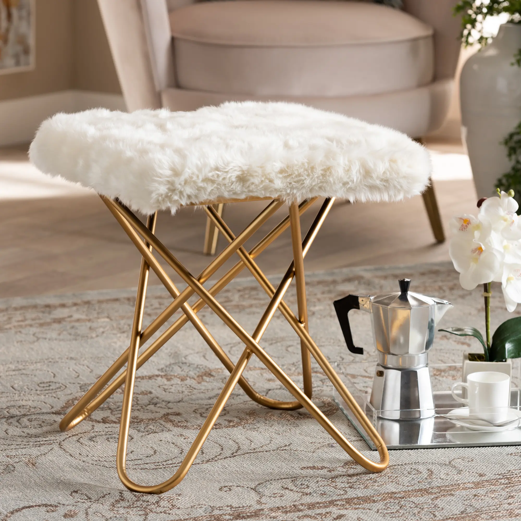 Glam White Faux Fur Upholstered Ottoman with Gold Finish - Jodene