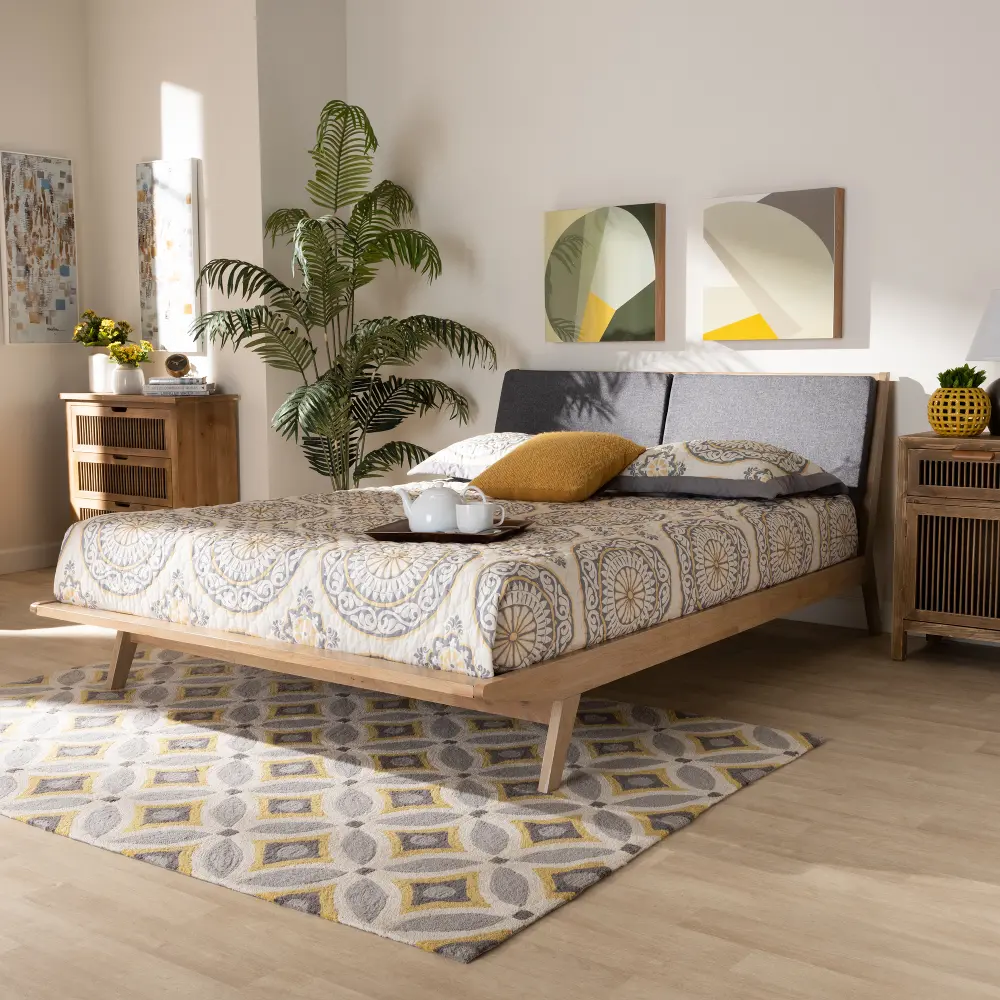 162-10306-RCW Modern Natural Oak and Gray Queen Platform Bed - Lenny-1