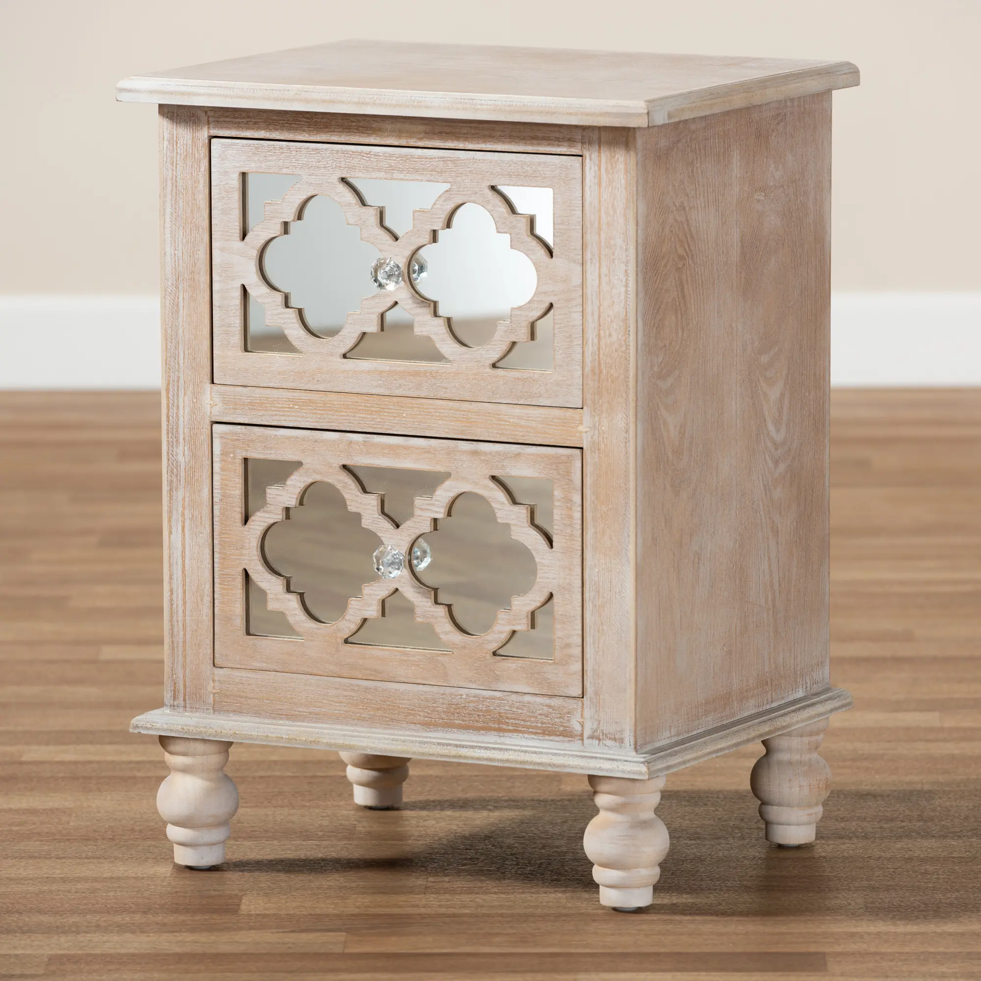 Country Whitewash Wood and Mirror Nightstand - Edith