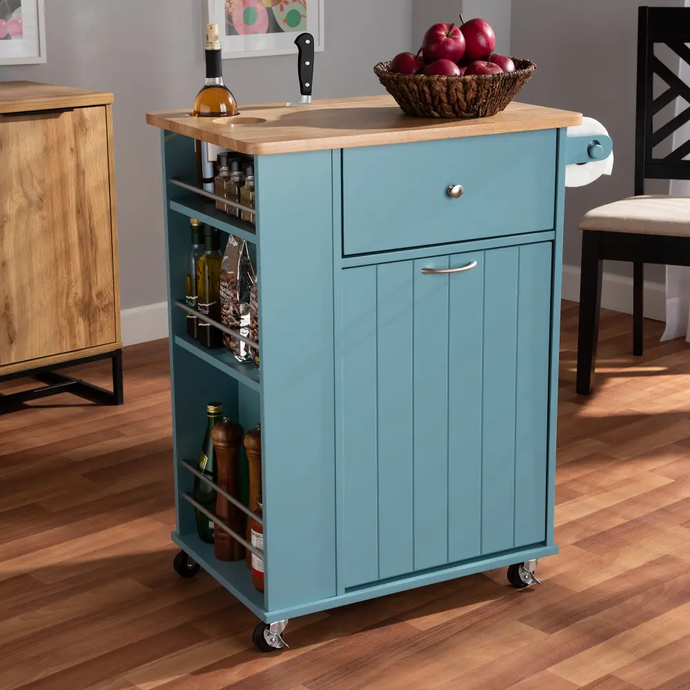 162-10444-RCW Contemporary Sky Blue and Natural Kitchen Storage Cart - Idony-1