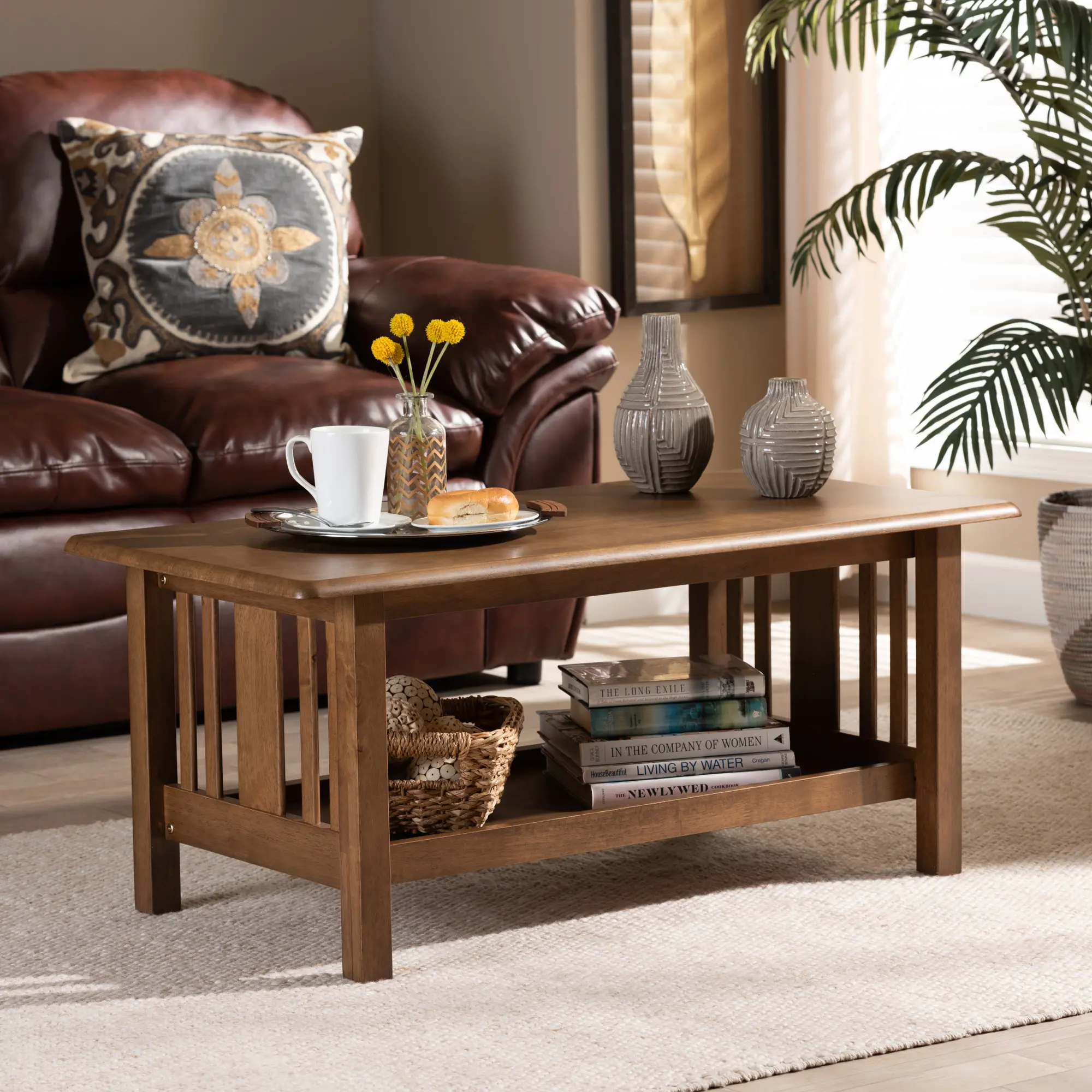Mission Style Walnut Brown Rectangular Wood Coffee Table - Shelly