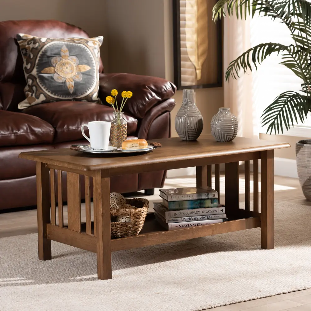 162-10336-RCW Mission Style Walnut Brown Rectangular Wood Coffee Table - Shelly-1