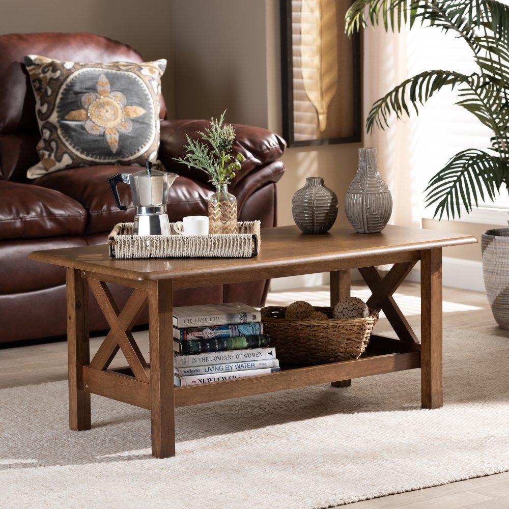 Traditional Walnut Rectangular Wood Coffee Table - Denzil