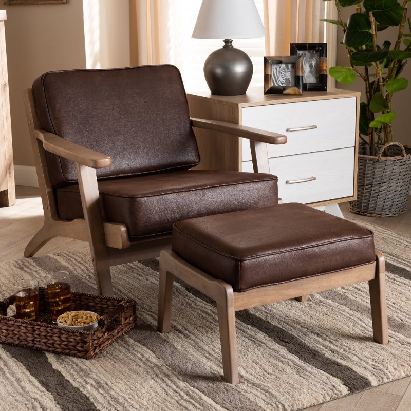 Mid Century Modern Dark Brown Faux, Leather Chair Ottoman