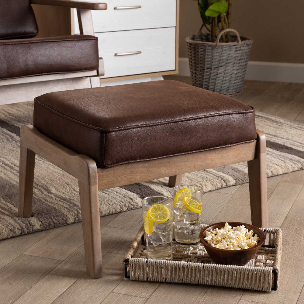 Mid Century Modern Dark Brown Faux Leather Ottoman - Petra